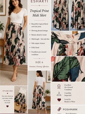 eshakti Cream Tropical Leaf Print Midi Skirt with Green and Navy Accents
